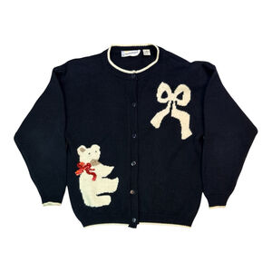DIANE VON FURSTENBERG Vintage 80’s Cardigan Sweater Bear Bow Black Size M
